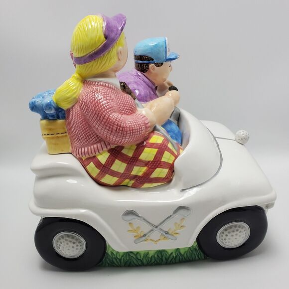Vintage Lotus 1998 Golf Nut Ceramic Cookie Jar Couple In A Convertible Car - Picture 3 of 12